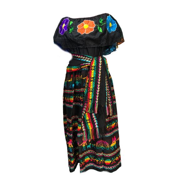 Mexican 3 piece set Blouse Cambaya skirt elastic waist and belt or mini rebozo - Picture 3 of 12